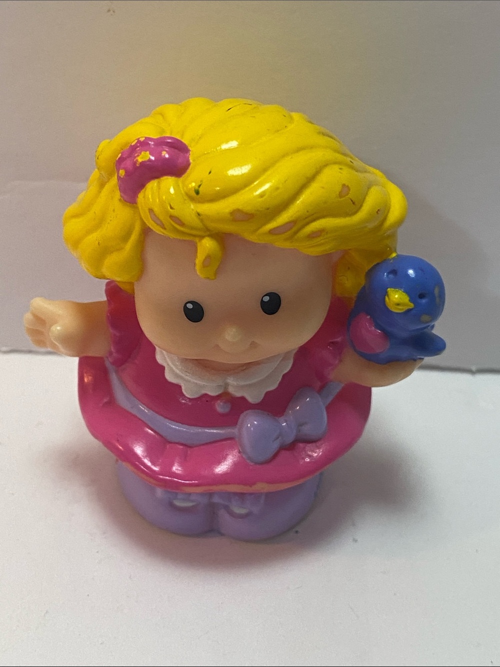 2002 Mattel Little People Sarah Blonde Girl With Blue Bird Pink Dress